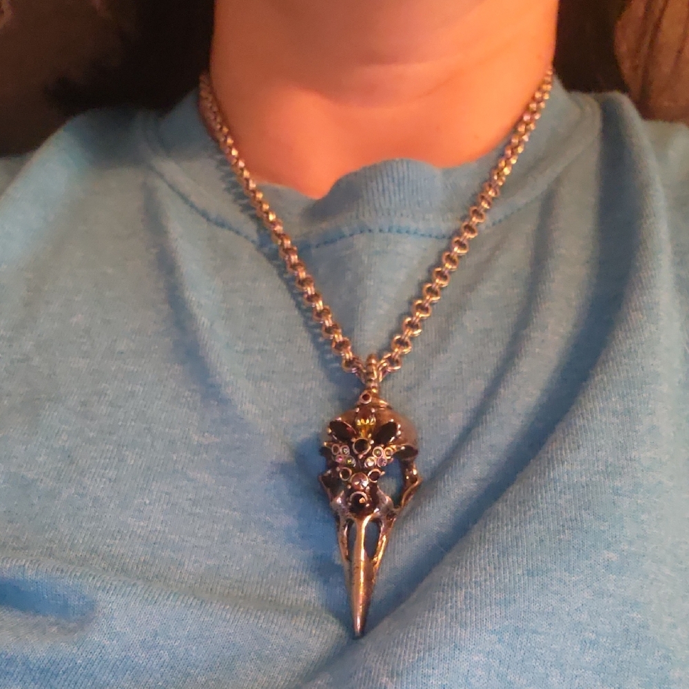 Martha Rotten Blue Jay Skull necklace with crystals